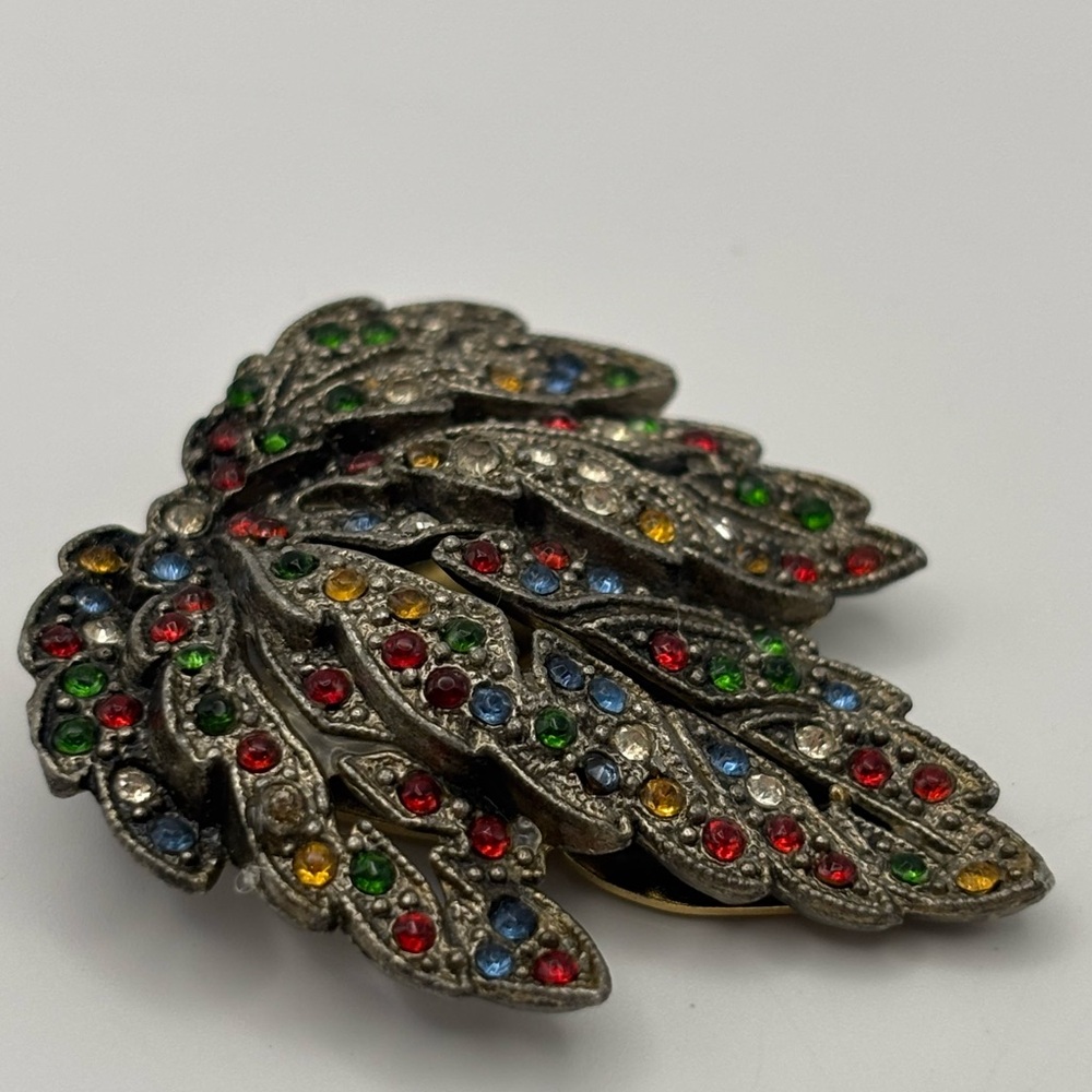 Vtg 1940s Retro Brooch Fur Clip Multi-Colour Rhinestone Leaf Spray - Picture 3 of 14